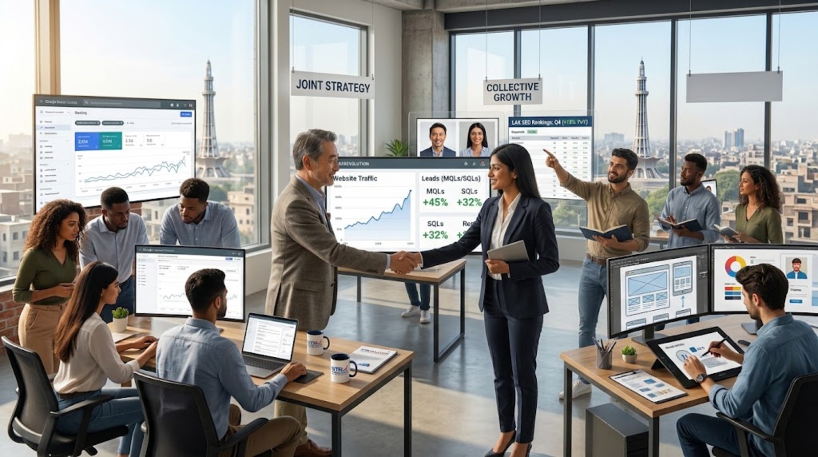 Strategic digital partner collaborating with a client team on website traffic and lead growth